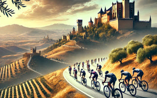 Portada de la Ruta de los Castillos y las Batallas 2024, con ciclistas recorriendo colinas, castillos y olivares en Jaén, sin texto.
