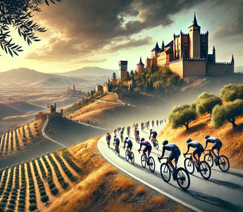 Portada de la Ruta de los Castillos y las Batallas 2024, con ciclistas recorriendo colinas, castillos y olivares en Jaén, sin texto.